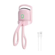 闪美智能电动睫毛夹正面展示，粉色机身配绿色指示灯及 USB 充电线。