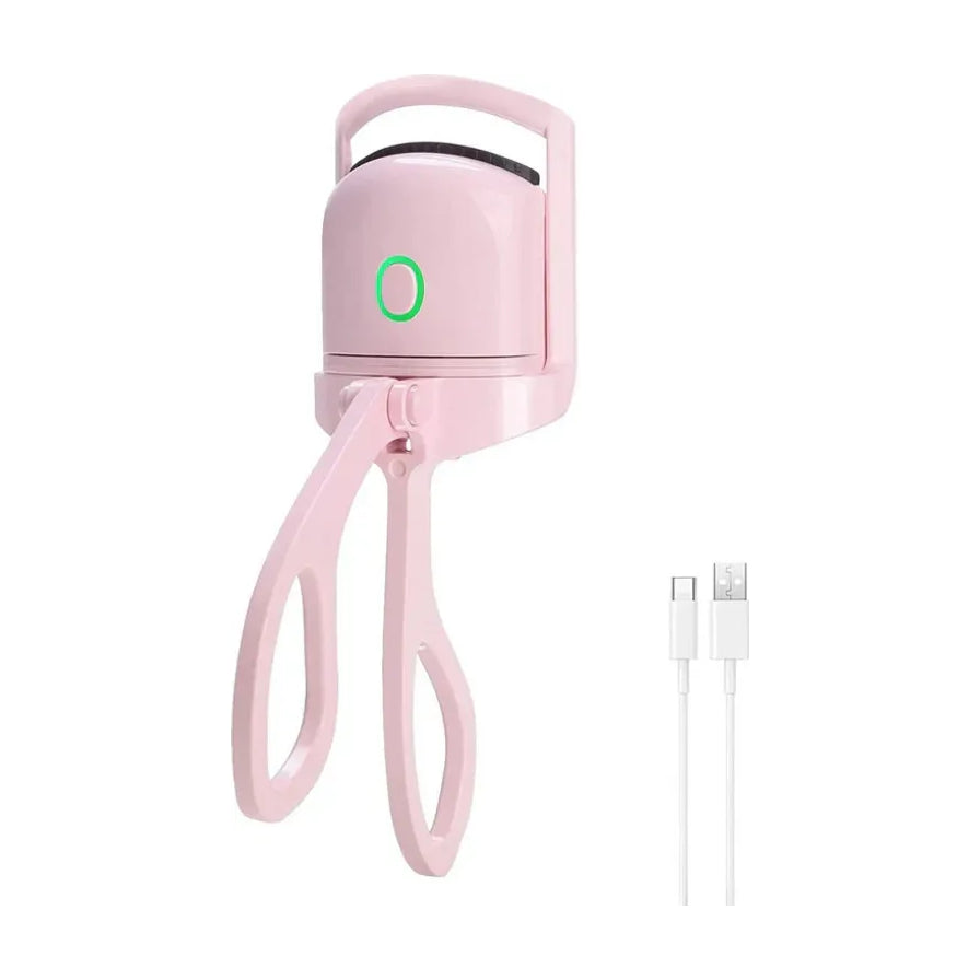 闪美智能电动睫毛夹正面展示，粉色机身配绿色指示灯及 USB 充电线。