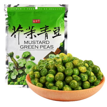 盛香珍芥末青豆零食包装展示，鲜明配色体现芥末清爽口感