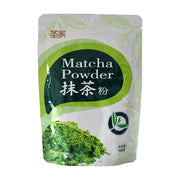 圣家日式抹茶粉100g袋装正面图，白色包装带有绿色茶叶元素，标注有Matcha Powder抹茶粉字样。