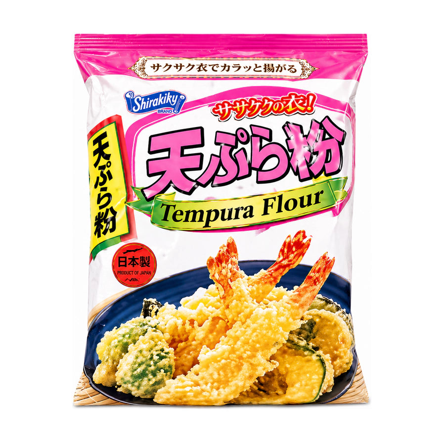 日本天妇罗炸粉包装图，正面印有Shirakiky品牌标识、粉色天妇罗粉字样以及炸虾和炸蔬菜的成品展示图。