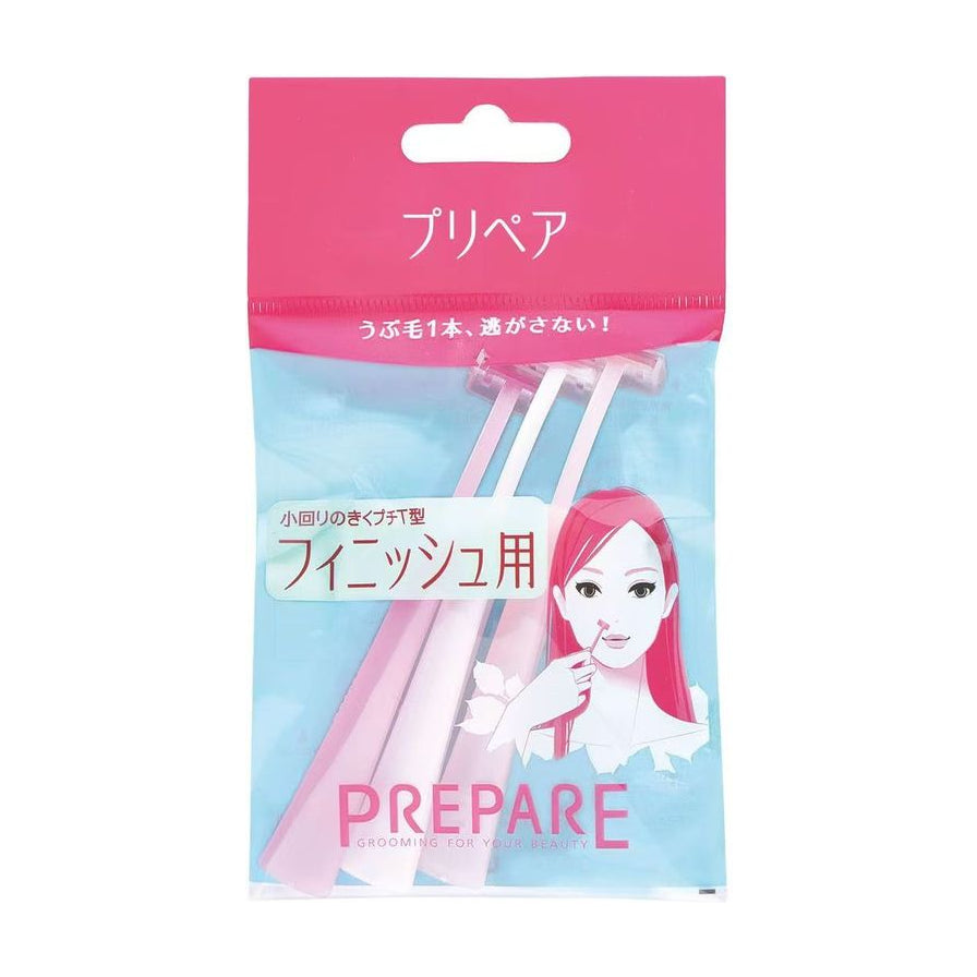 资生堂 Shiseido PREPARE 鼻毛剃刀包装正面图，展示粉色 T 型迷你修容刀和包装上的日文说明及女性使用示意图。