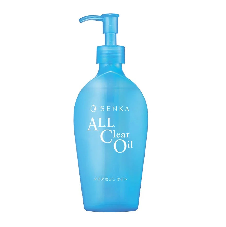 资生堂珊珂专科全效清爽卸妆油蓝色瓶身正面图，展示泵头设计与产品包装