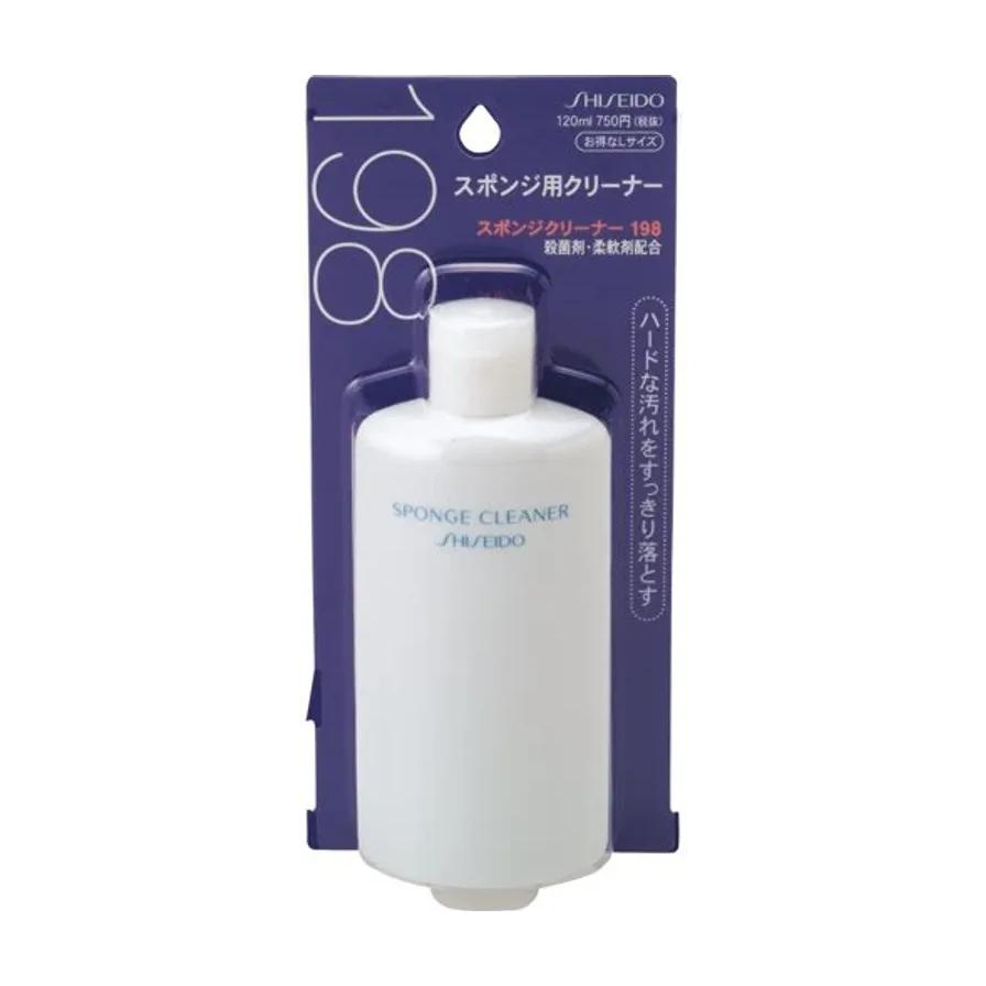 资生堂粉扑清洗剂 120ml 正面包装图，展示白色瓶身与紫色背卡，印有日文及英文品牌标识。