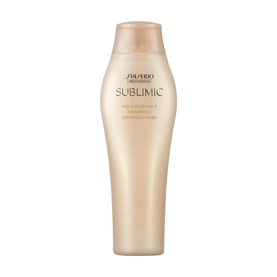 资生堂 SUBILMIC 修护水润洗发水正面展示，金色瓶身设计，白色背景。