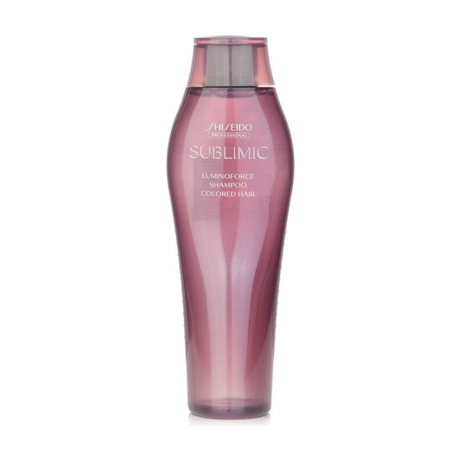 资生堂 SUBLIMIC 护色洗发水正面产品图，紫色瓶身展示品牌与系列名称。