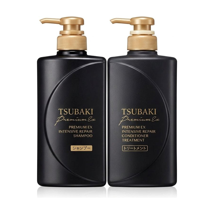 资生堂丝蓓绮奢华修护套装白底主图，展示黑色磨砂瓶身洗发水与护发素，配金色泵头。