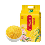 十月稻田黄小米 1kg 真空包装正面图，金黄米粒清晰可见