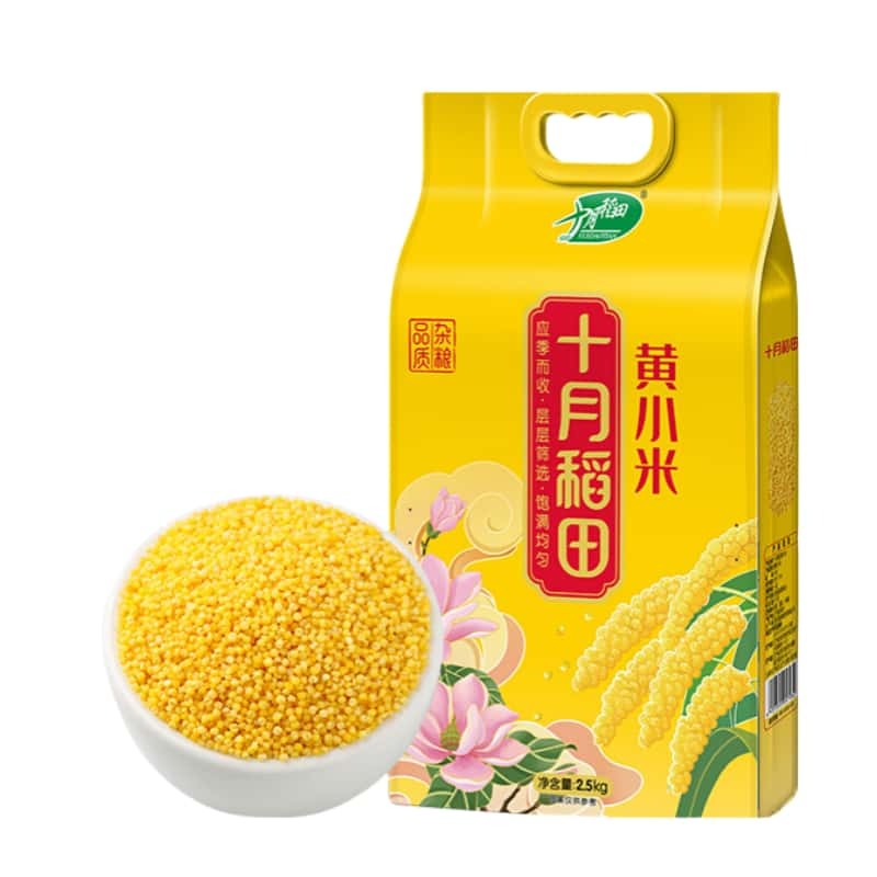 十月稻田黄小米 1kg 真空包装正面图，金黄米粒清晰可见