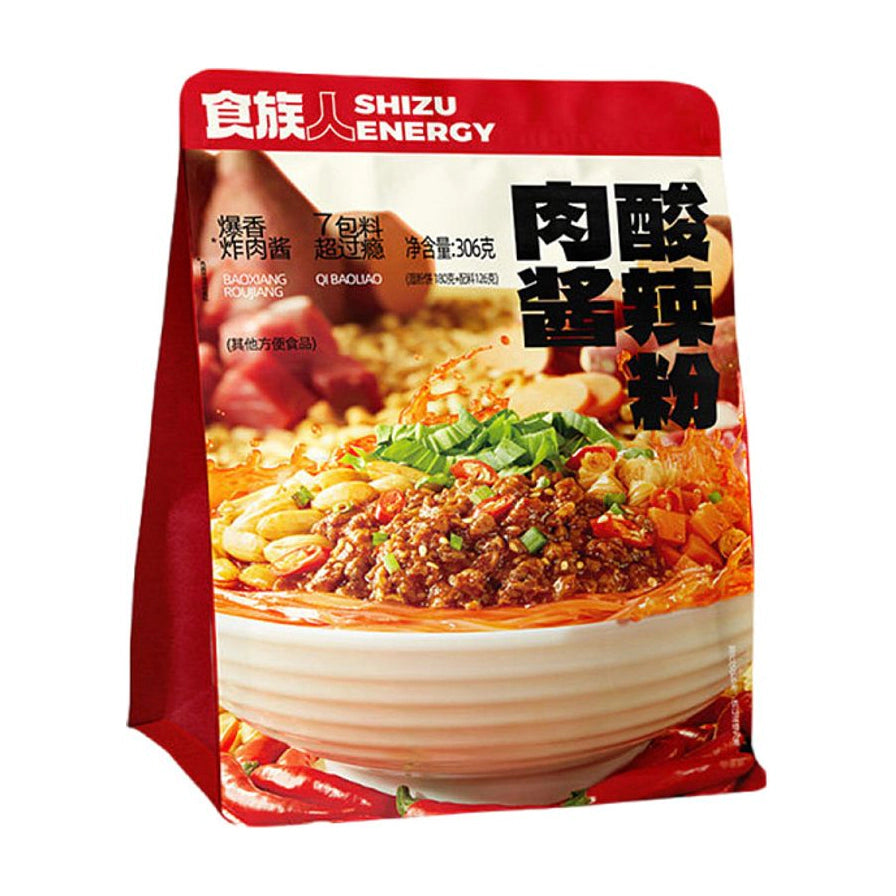 食族人肉酱酸辣粉306g桶装外观，包装上印有浓郁肉酱、Q弹粉丝和丰富配料的诱人成品图。