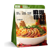 食族人麻辣爆肚粉袋装正面图，包装上印有诱人的爆肚粉丝成品图，标注含厚切真牛肚、7包料及260克净含量。