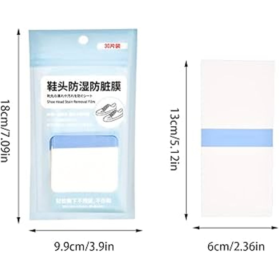 鞋头防湿防脏膜的尺寸标注图，显示包装袋为18cmx9.9cm，单片膜为13cmx6cm。