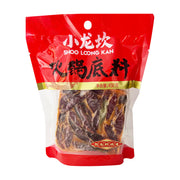 小龙坎火锅底料大块装450g包装正面图，红色包装袋，透明窗口可见内部扎实的牛油底料和干辣椒。