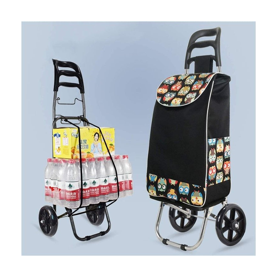 购物车承重展示对比图，左侧装载多瓶矿泉水和纸箱饮料，右侧为折叠状态，展示大容量收纳能力。