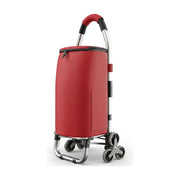 红色静音爬楼购物车白底图，展示铝合金车架、六轮联动结构及牛津布袋侧面外观。