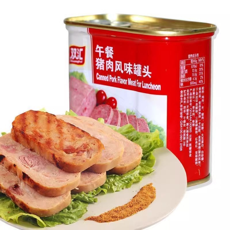 双汇午餐肉罐头商品细节图，展示马口铁罐身与品牌标识。
