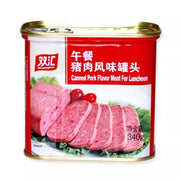 双汇午餐肉罐头正面包装图，红色标签展示经典原味即食火腿产品。