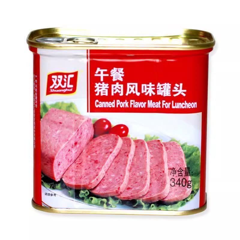 双汇午餐肉罐头正面包装图，红色标签展示经典原味即食火腿产品。