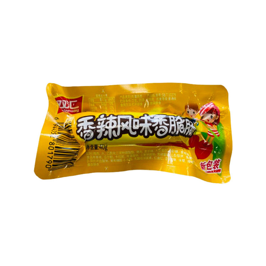 双汇香辣风味香脆肠40g单支装，黄色包装上印有卡通人物和辣椒图案