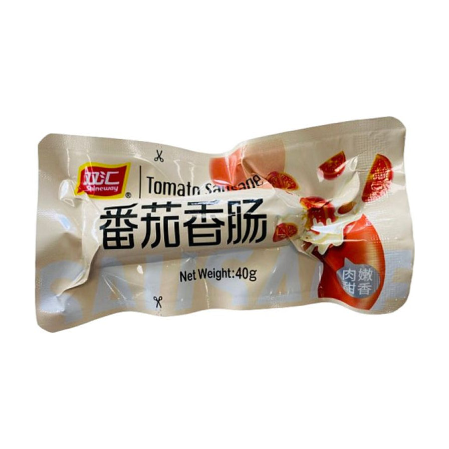 双汇番茄香肠40g单支装，白色包装上印有番茄图案和产品名称