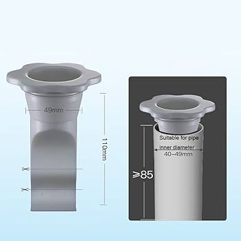 灰色硅胶地漏防臭器尺寸示意图，标注顶部直径 49mm、总长 110mm 及适配管道内径 40 - 49mm。