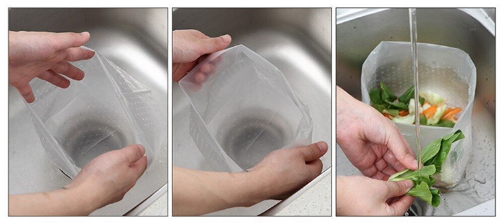 厨房水槽过滤网中装满食物残渣的沥水袋特写