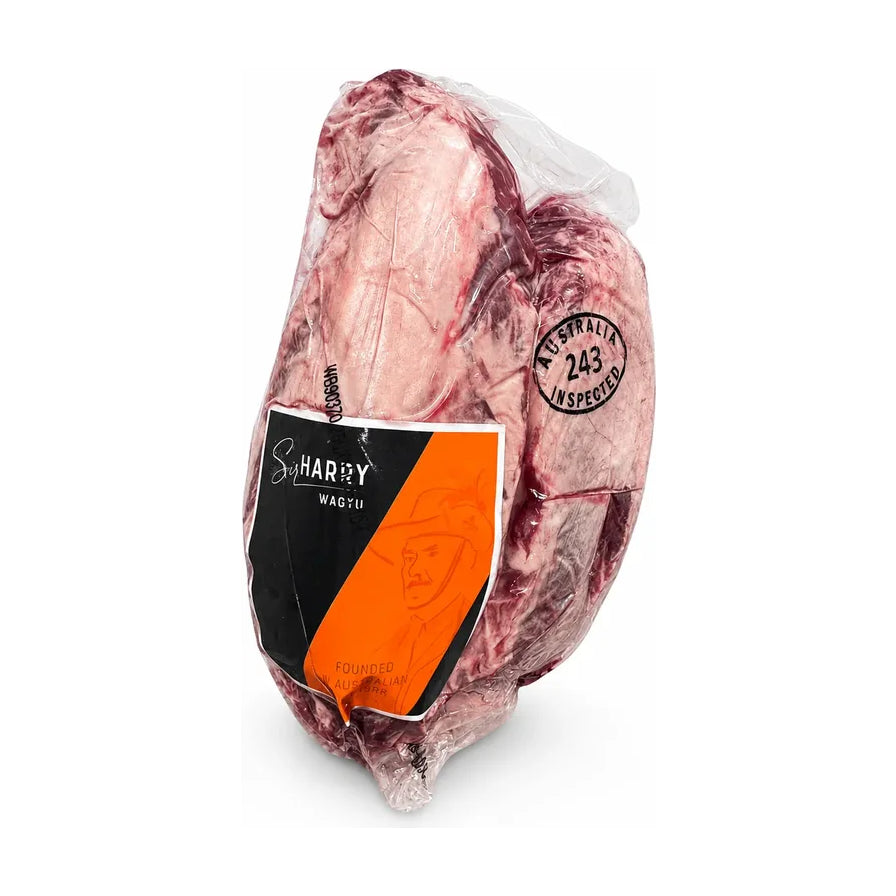 SirHarry 甜橙和牛五花趾，真空包装，带有 SirHarry Wagyu 品牌标签和澳大利亚检疫标识。