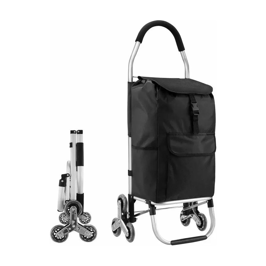 黑色六轮爬楼购物车展开与折叠状态对比图，展示银色金属框架、三角轮结构及黑色保温袋外观。
