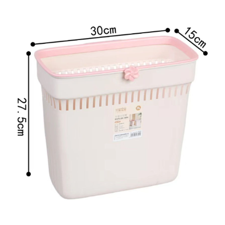 白色窄缝垃圾桶，带有粉色边框和花朵装饰，图中标注尺寸为长30cm、宽15cm、高27.5cm。