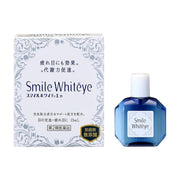 白色包装盒与蓝色眼药水瓶并排展示，盒身与瓶身可见 Smile Whiteye 字样