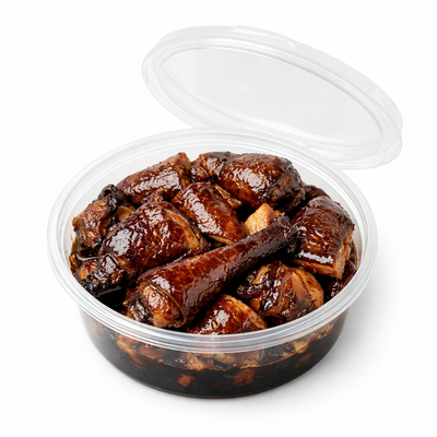 透明圆盒装老上海酱鸭，色泽红亮的卤鸭块特写