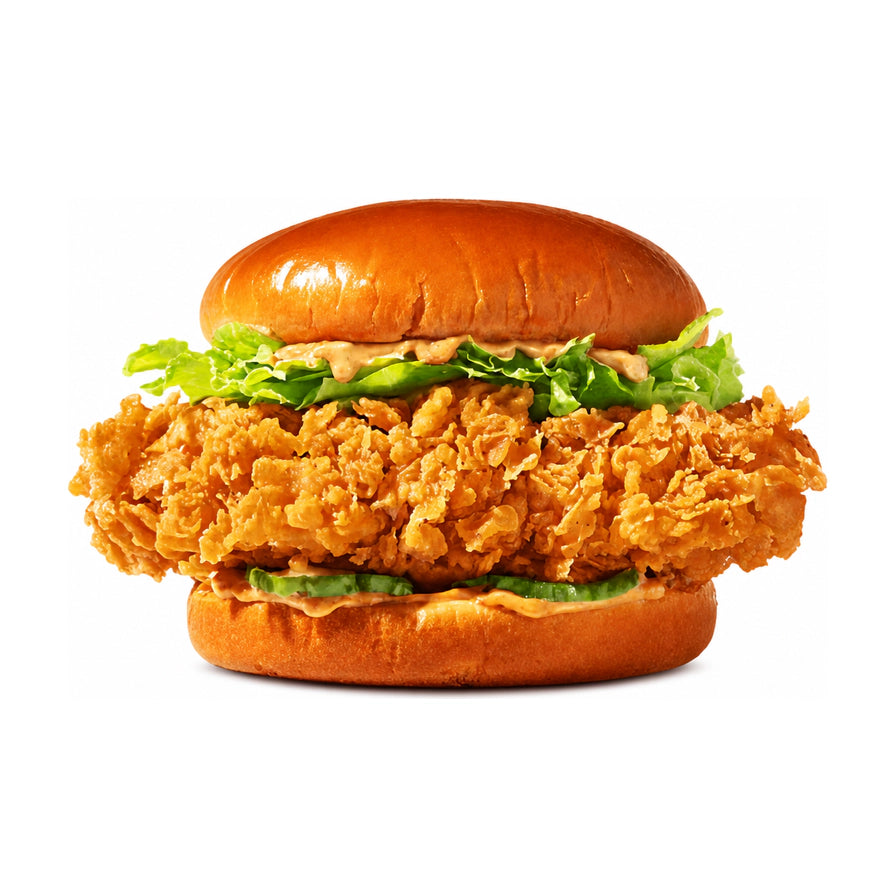 香辣鸡肉汉堡，金黄酥脆的炸鸡排搭配新鲜生菜、酸黄瓜和特制酱料，白色背景。