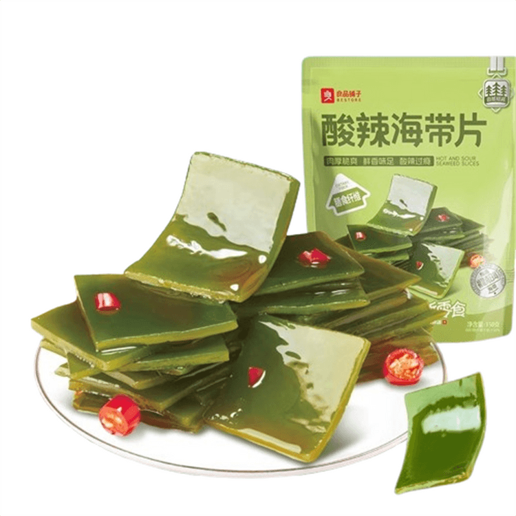 良品铺子酸辣海带片 150g 主商品图，展示红色包装袋正面及品牌标识