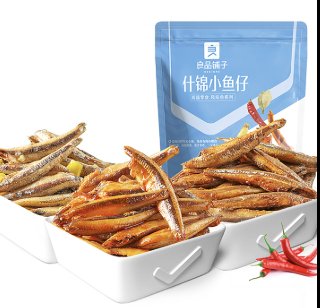 良品铺子什锦小鱼仔混合装正面包装图，展示香辣麻辣糖醋三种口味的小鱼干零食。
