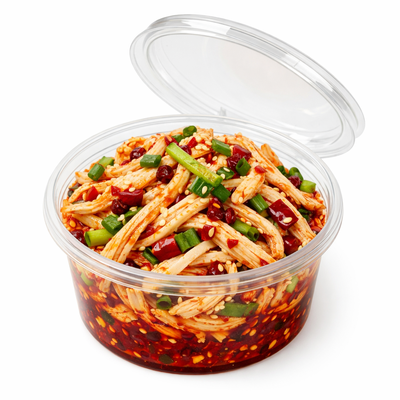 透明圆盒装麻辣手撕鸡丝，可见红油、芝麻和葱段点缀的即食凉菜主图