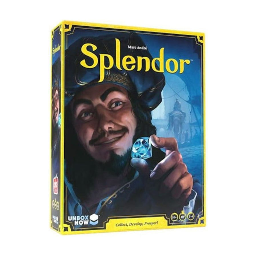 《Splendor 璀璨宝石》桌游盒装正面图，盒面为人物手持蓝色宝石的插画