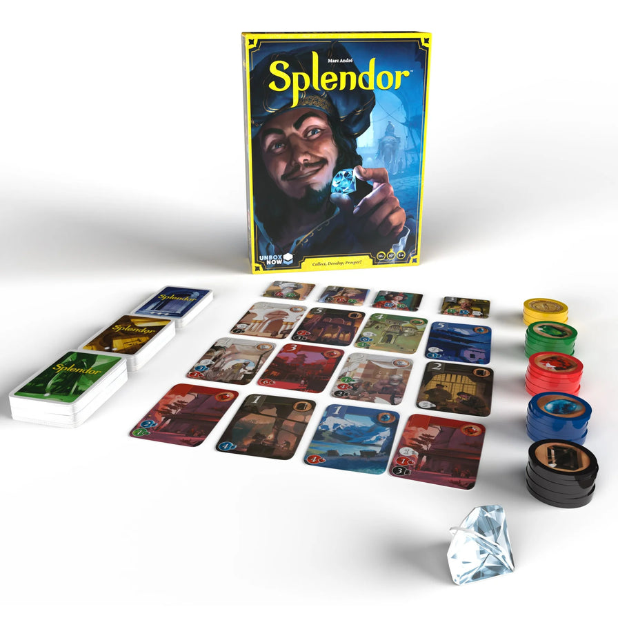 《Splendor 璀璨宝石》桌游组件展示图，包含游戏盒、卡牌、宝石指示物和一颗透明宝石