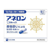 SS 制药 Anelon 晕车药包装盒正面，白色背景，印有蓝色日文品牌名、金色罗盘图案及蓝白双色缓释胶囊图示。