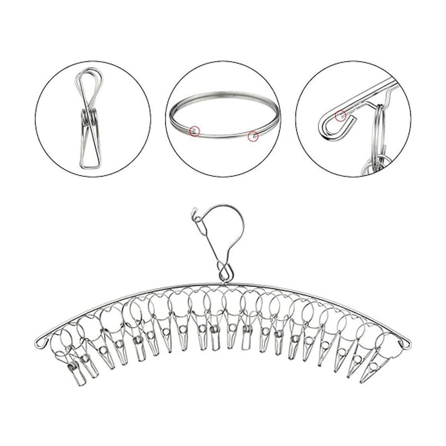 不锈钢16夹多功能晾晒架，上方展示了夹子、挂钩和连接处的细节放大图。
