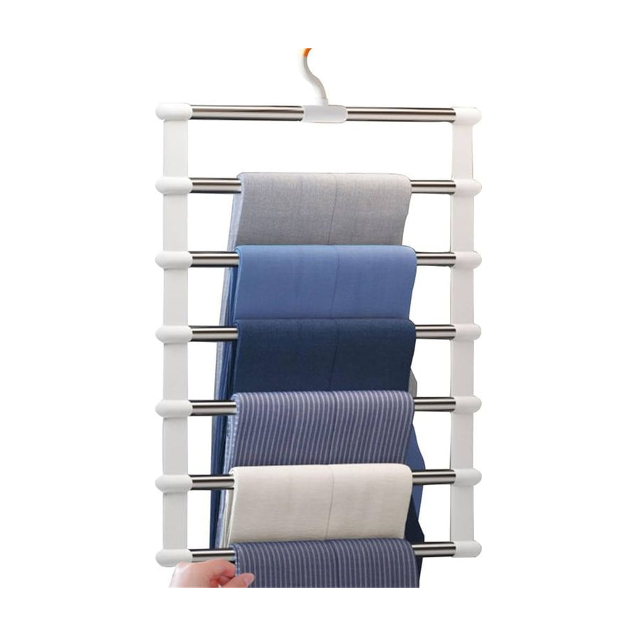 白色背景下的多功能不锈钢裤架，六层垂直结构挂满不同颜色的裤子，底部可见一只手正在抽取其中一条。