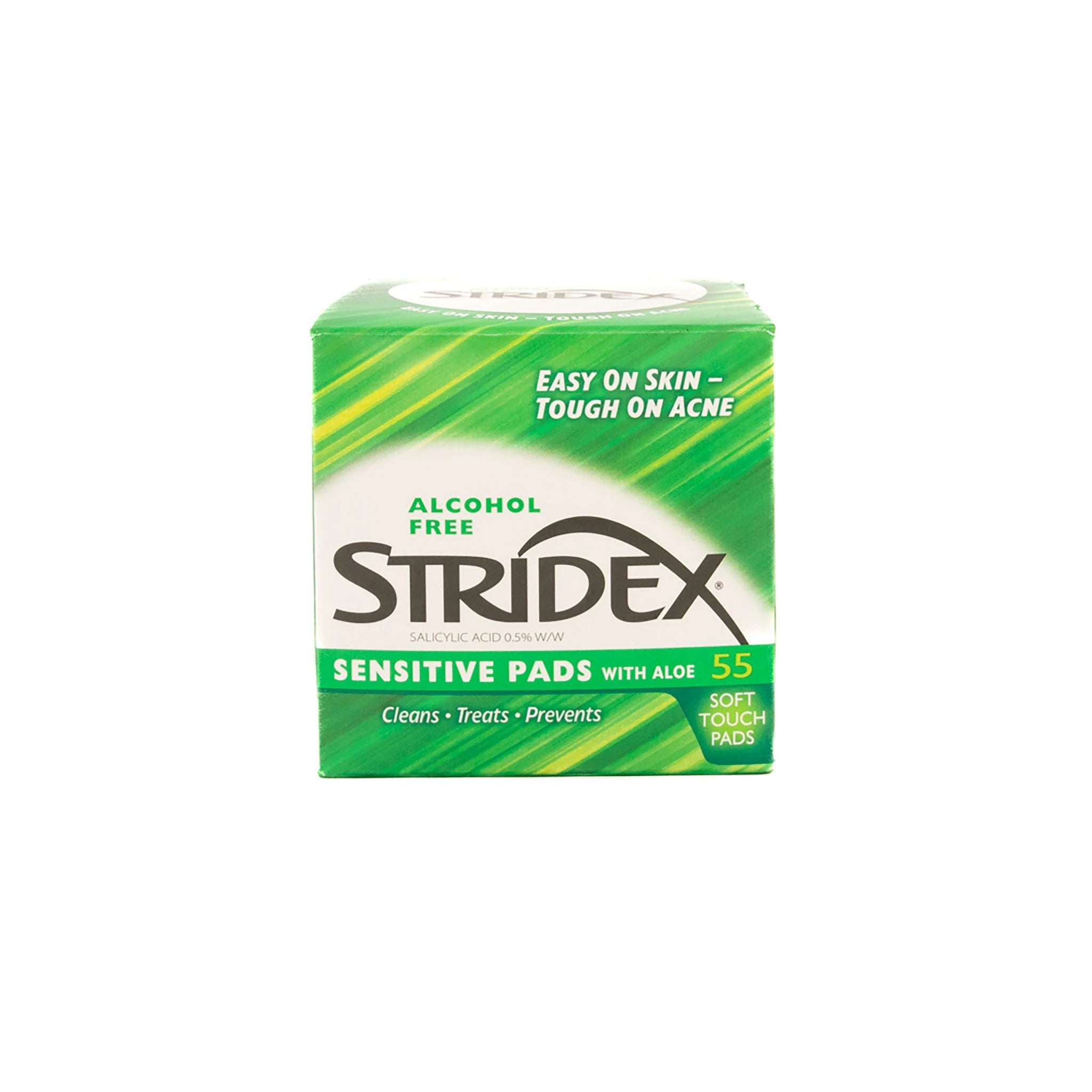 Stridex 绿色温和版水杨酸抗痘棉片罐装正面图，55 片装无酒精配方