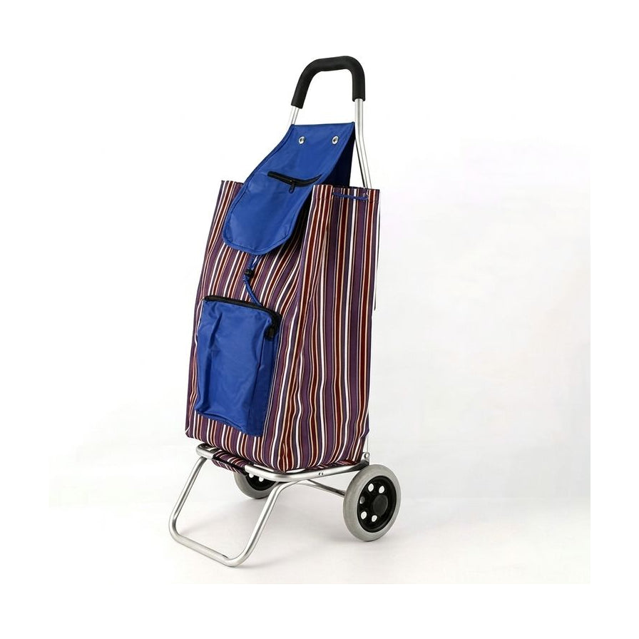 白底背景下的条纹折叠购物车，配有蓝色储物袋和黑色把手，展示侧面视角。