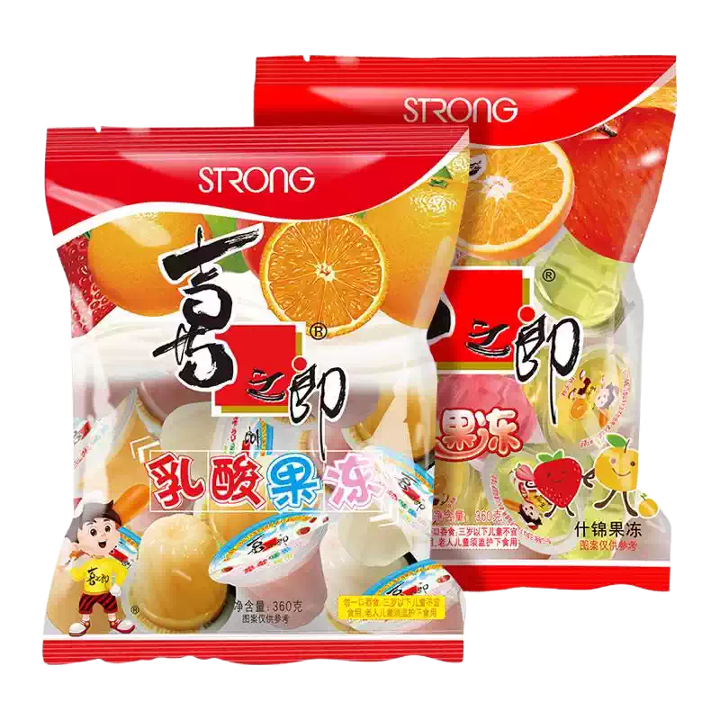 喜之郎果冻 360g 大包装展示，内含多杯独立小包装，适合宿舍分享或下午茶零食。