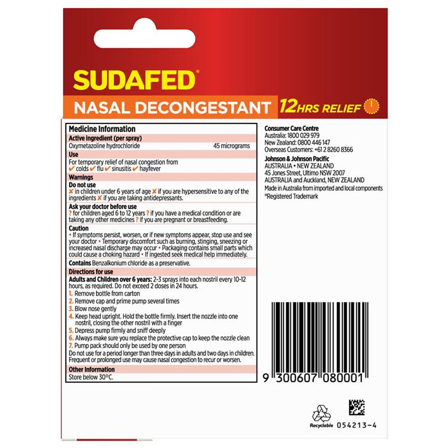 Sudafed 鼻塞缓解喷雾包装背面图，展示成分说明、用法警告、条形码和产品信息。