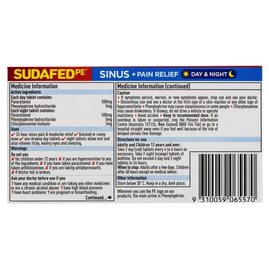 SUDAFED PE 鼻窦通日夜片背面包装，显示药品信息、用法说明和条形码