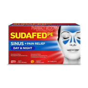 SUDAFED PE 鼻窦通日夜片正面包装，红蓝盒彩盒，标有 SINUS + PAIN RELIEF、DAY & NIGHT 和 24 TABLETS