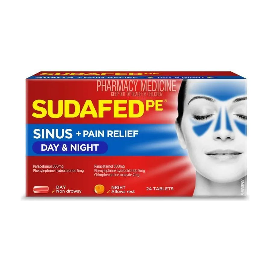 SUDAFED PE 鼻窦通日夜片正面包装，红蓝盒彩盒，标有 SINUS + PAIN RELIEF、DAY & NIGHT 和 24 TABLETS