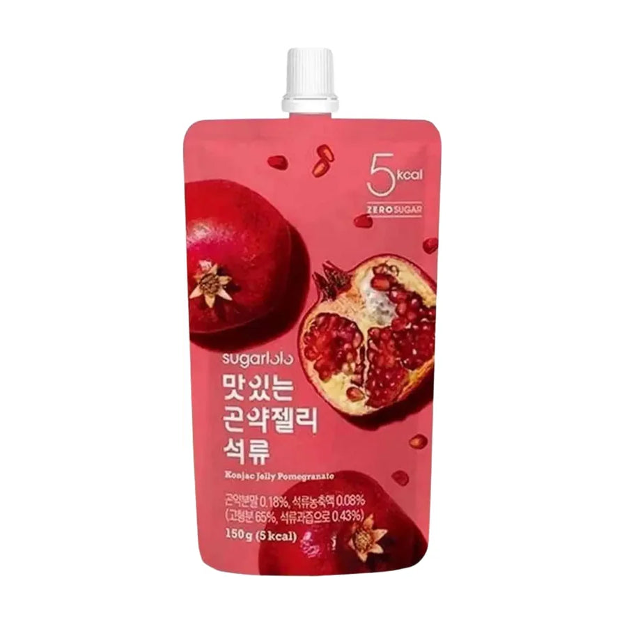 Sugarlolo蒟蒻果冻石榴味150g吸嘴袋装，包装印有红石榴图案，标注5kcal及零糖标识。