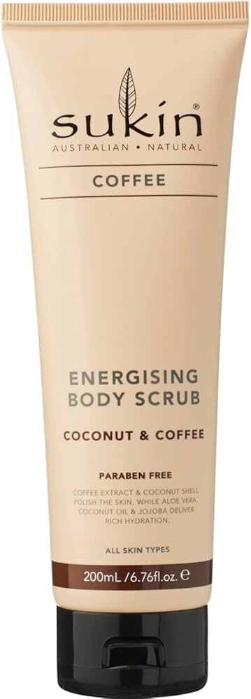 Sukin 咖啡能量身体磨砂膏产品正面图，米色软管包装，黑色瓶盖，清晰展示品牌 Logo、产品名称及 200mL 容量标识。