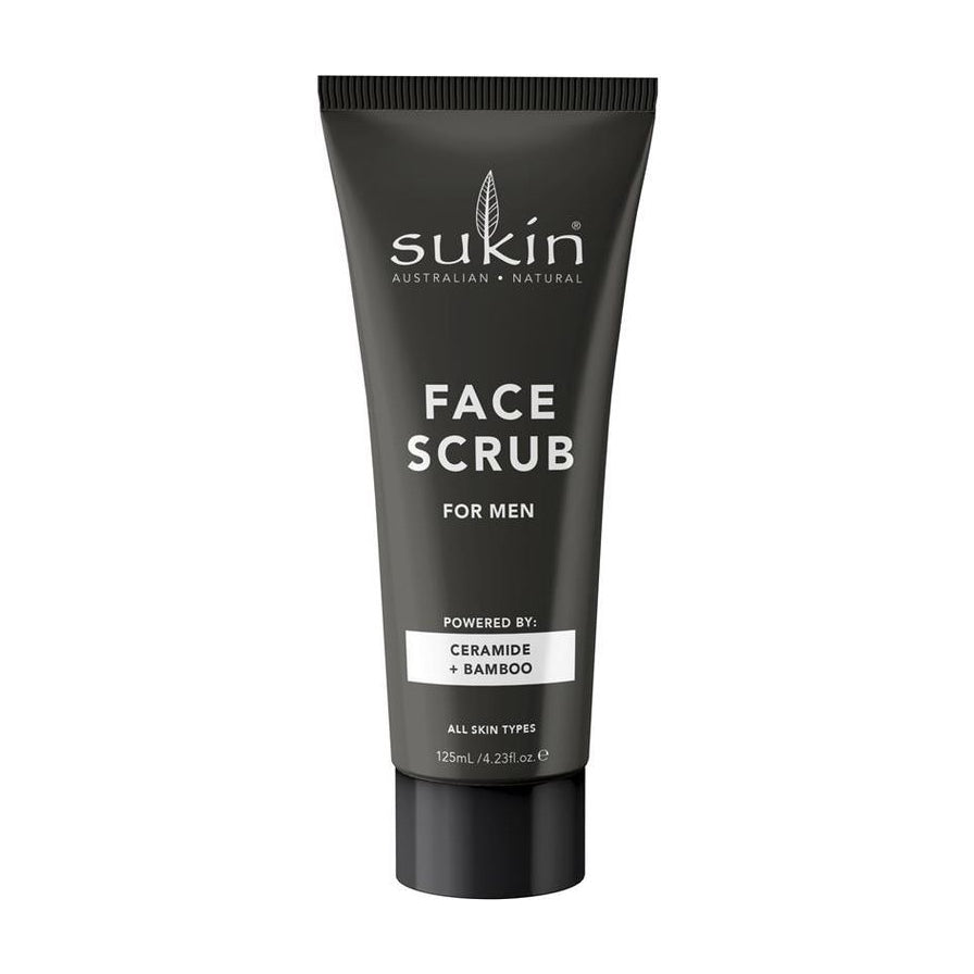 Sukin 男士脸部去角质磨砂膏竹炭款，黑色管状包装，正面印有 FACE SCRUB FOR MEN 及 CERAMIDE + BAMBOO 字样。